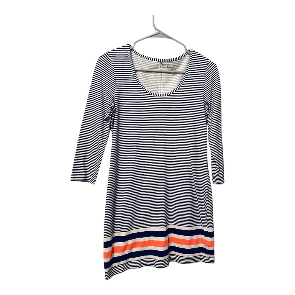 Lilly Pulitzer Striped 3/4 Sleeve Cotton Shift Dress Coral Navy White Size Small